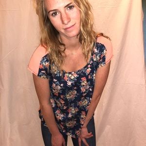 Frilly navy and pink floral top with open back